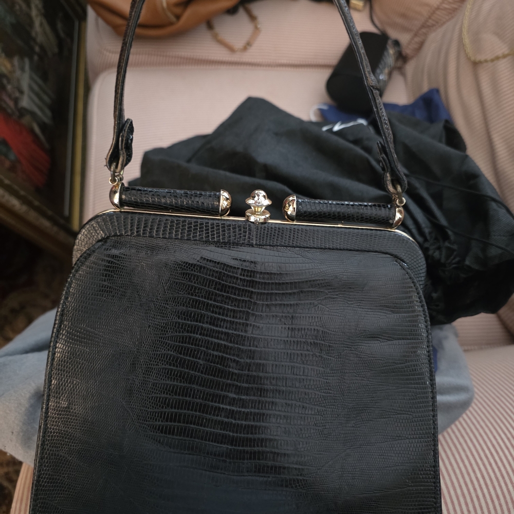 Black Structured Top-Handle Bag with Lizard Texture